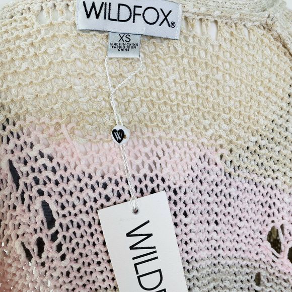 WILDFOX Cardigan Women size XS Pink Beige Distressed Striped Open Knit Sweater - Picture 5 of 7